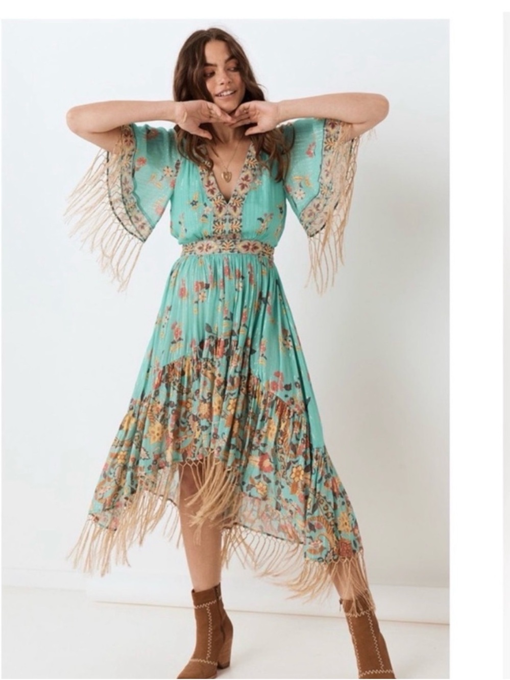 Spell Mint Floral High-Low Fringe Midi Dress